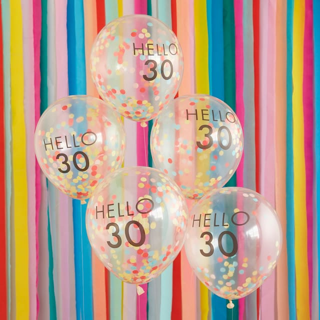 Brights Birthday - Hello 30 Rainbow Confetti Balloons